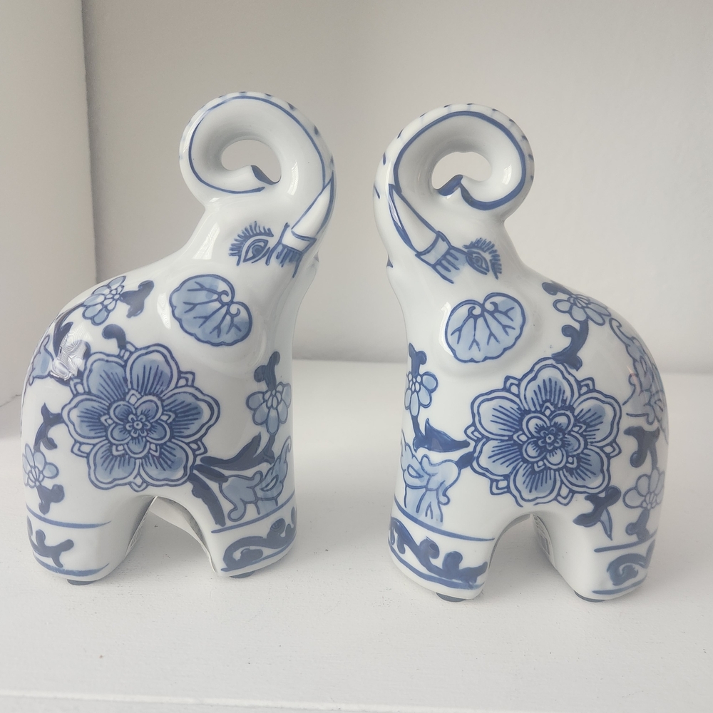 Three Hands Blue and White Chinoiserie Ceramic Elephant Figurines Set Of 2